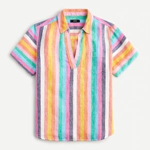 NWT J. Crew Short-sleeve linen popover top in rainbow stripe